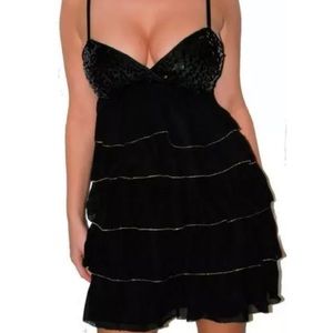 Sexy Black Sequin & Chiffon Ruffle Tiered line Mini cleavage dress S Glam Party